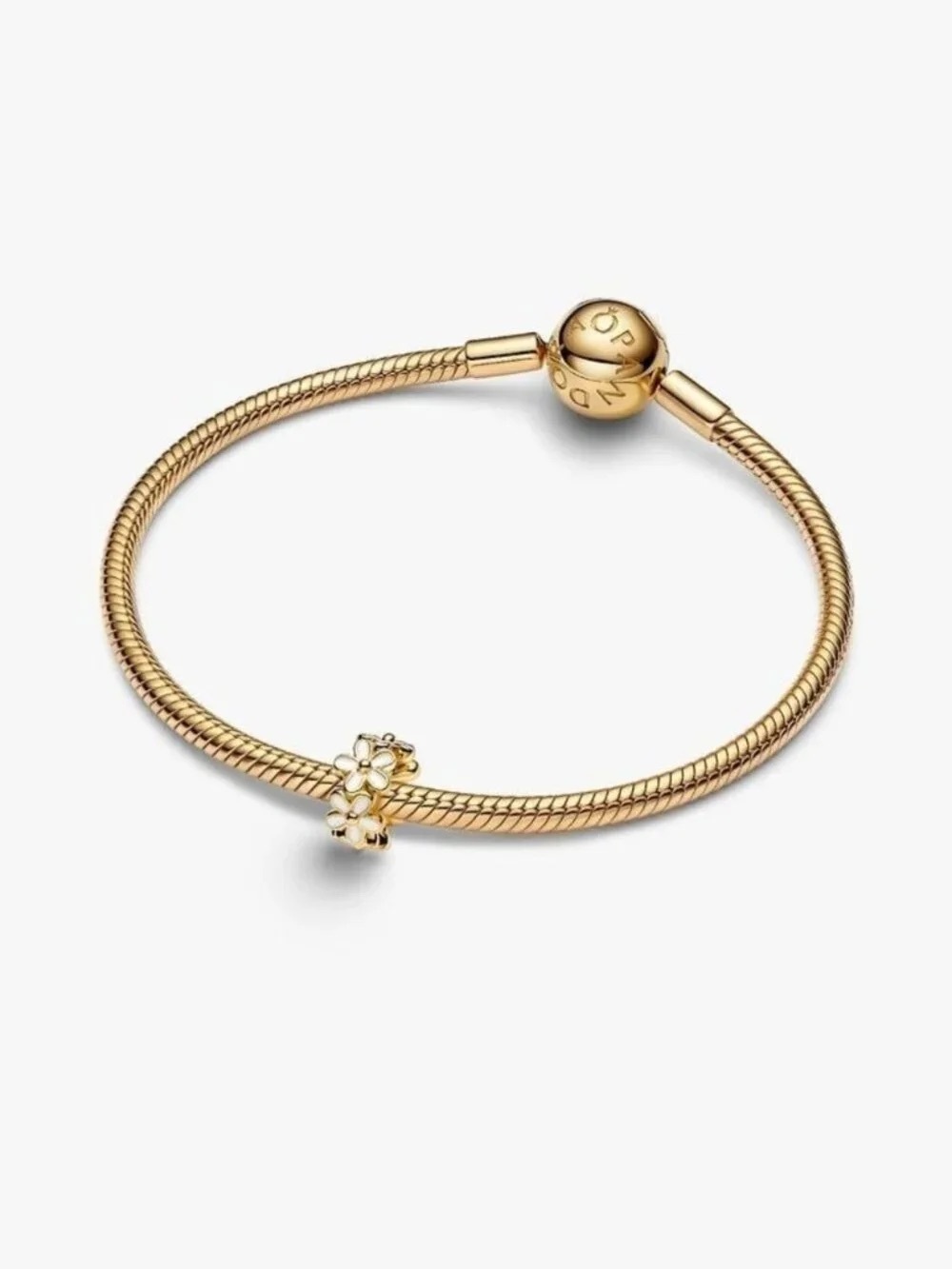 Pandora Gold Floral Charm Snake Chain Bracelet with White Enamel Flowers